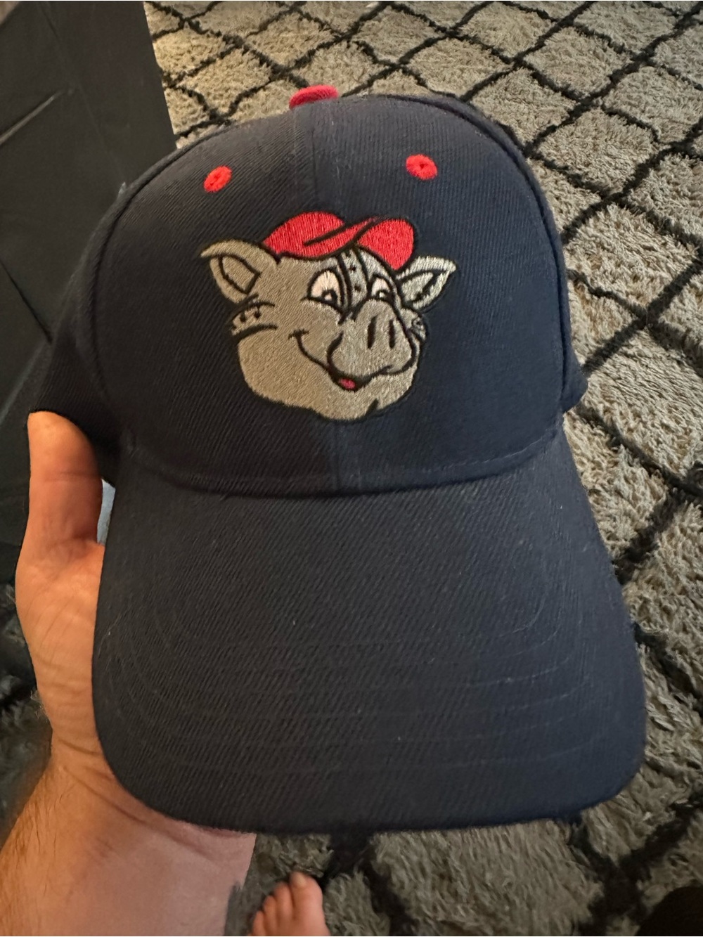 Navy Baseball Cap with Embroidered Pig Logo and Red Accents